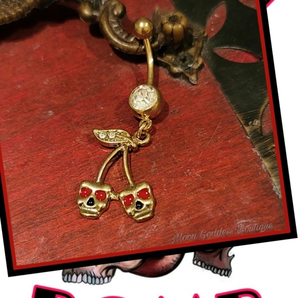 Painful Pleasures ✦ Skull Face Cherries Belly Ring ✦ Gothic Body Jewelry NWT - Picture 2 of 4